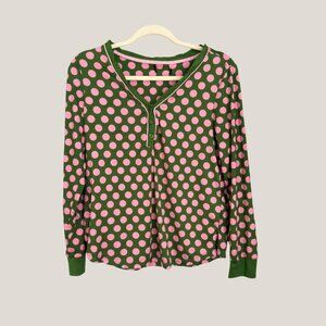 Kate Spade New York Cozy Jersey Henley Pajama PJ Set Green Pink Dot, X-Small